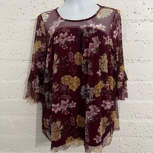 No Boundaries Womens Juniors Top XXL 19 Maroon Floral Mesh 3/4 Sleeve Boho AT2